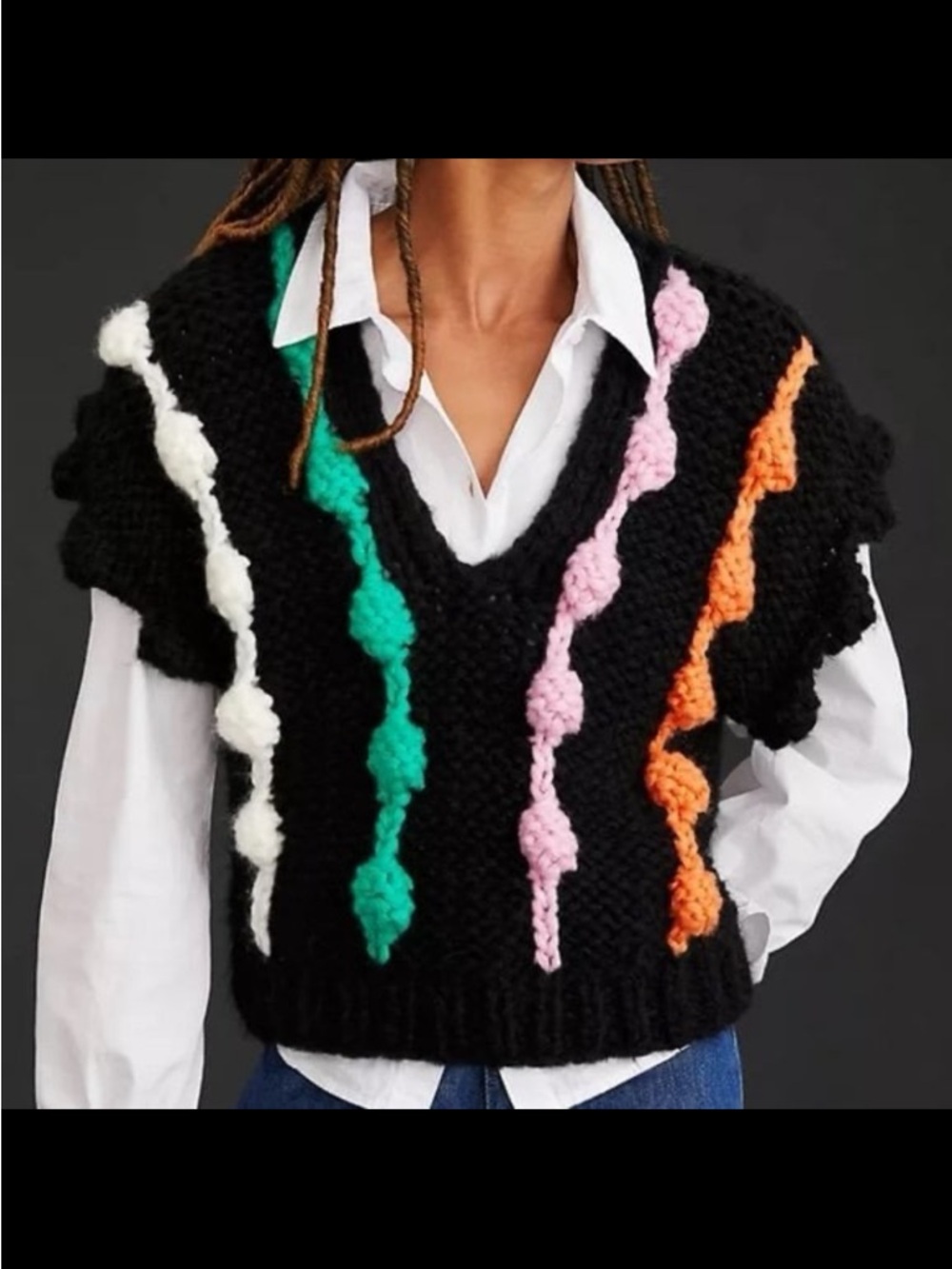 Chunky Black V-Neck Sweater Vest with Multicolor Accents